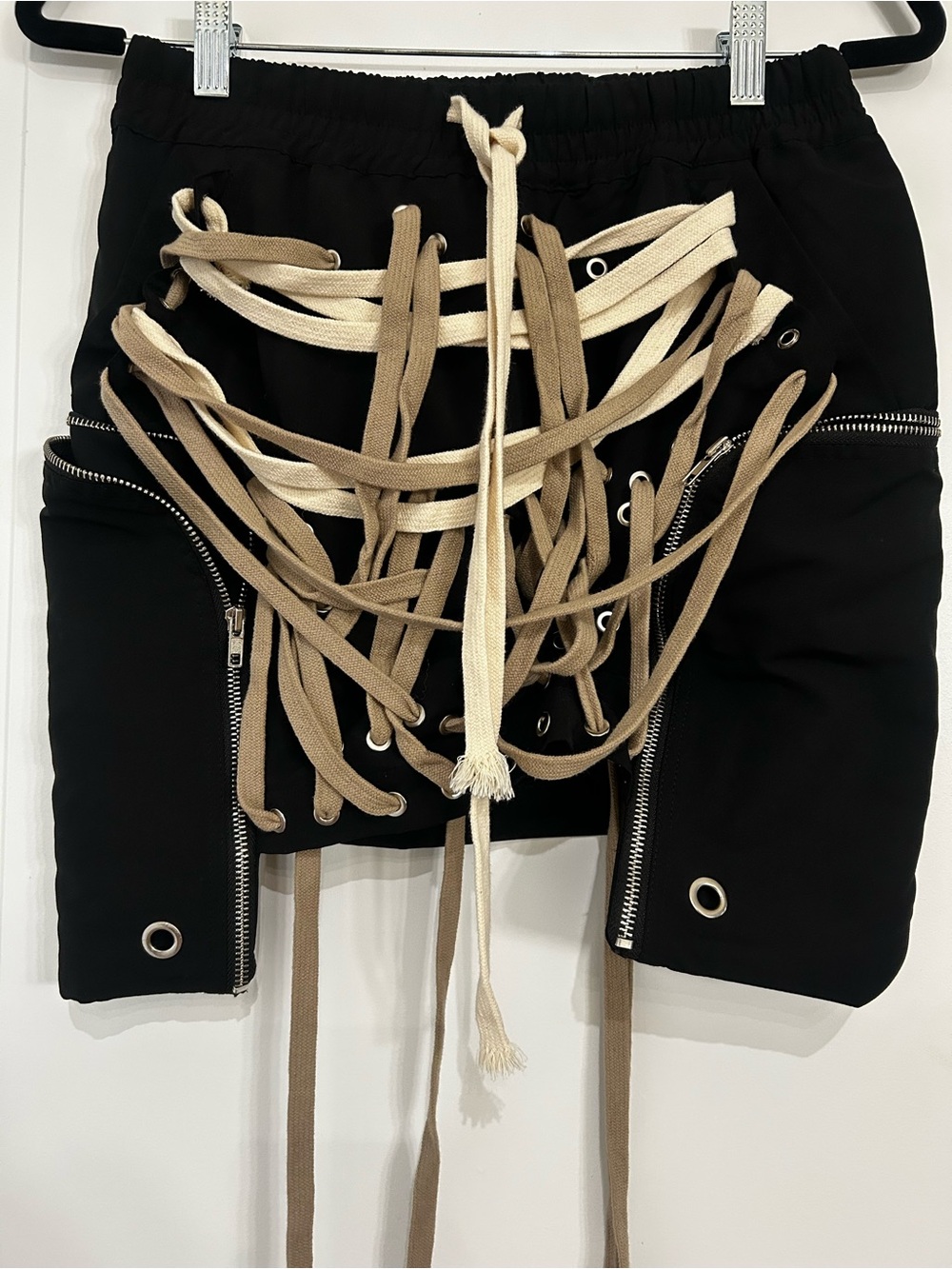 Black Men’s Drawstring Lace-Up Cargo Skirt with Tan Accents